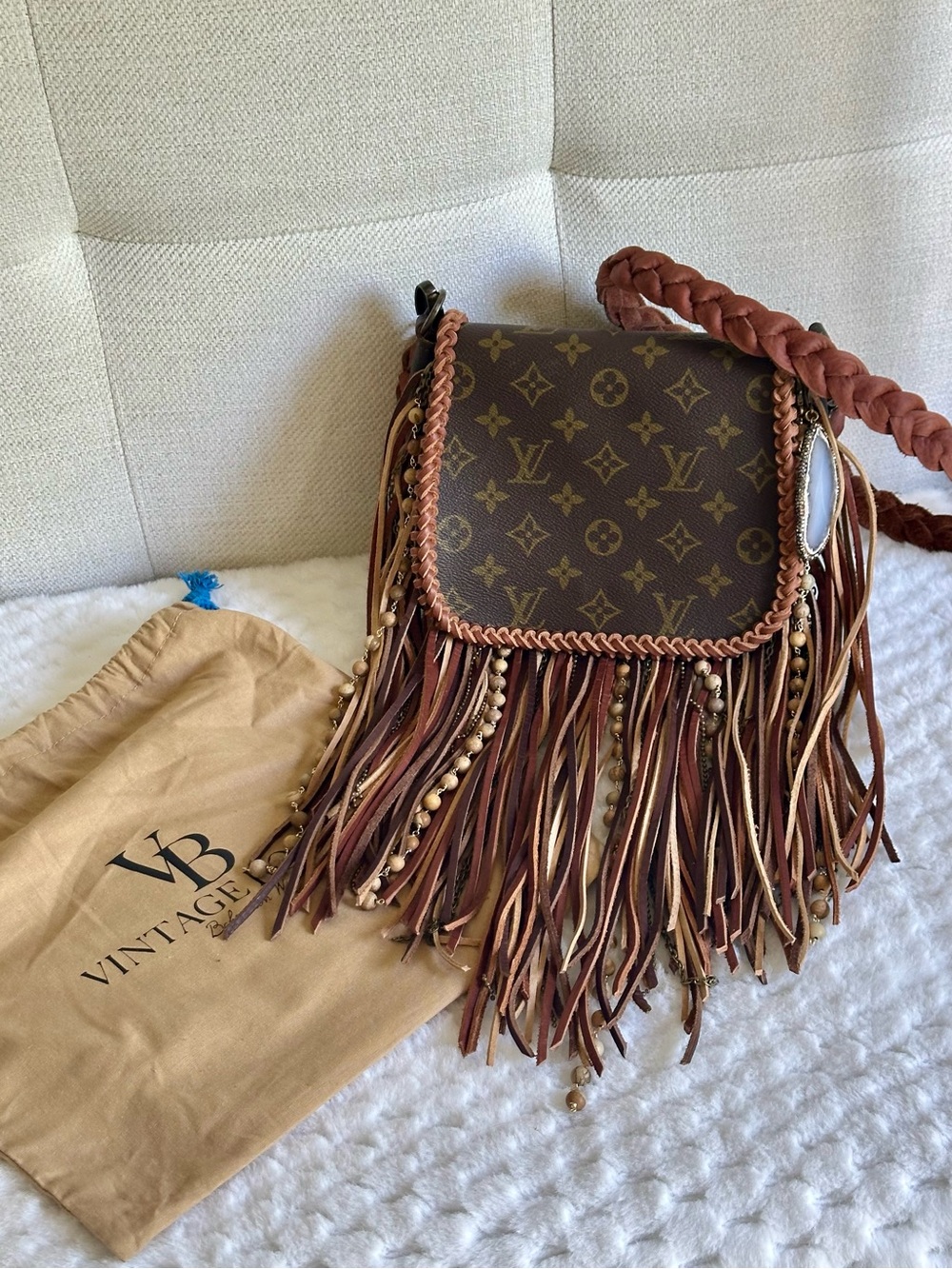 Vintage Boho Louis Vuitton Brown Monogram Fringe Crossbody Bag